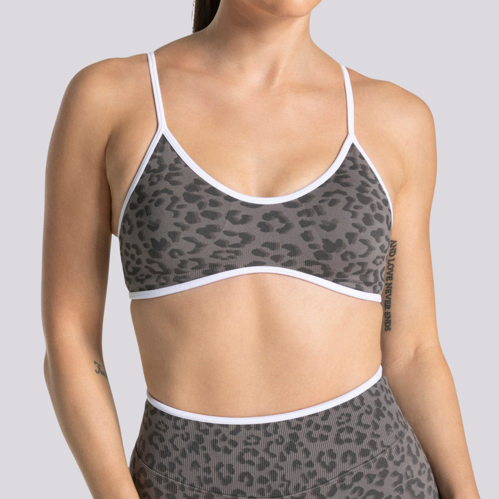 Women's Seamless Contrast Leopard Print Sports Yoga Bra: Light Grey / L