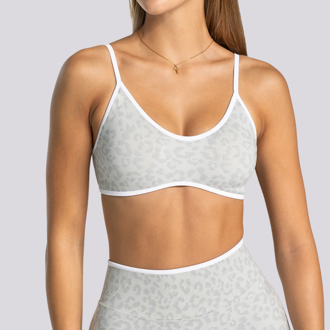 Women's Seamless Contrast Leopard Print Sports Yoga Bra: Light Grey / L