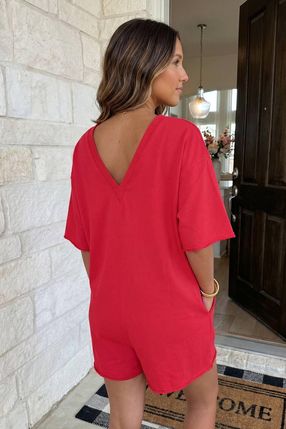 LAS Solid Color Raw Edge Pocketed Loose Romper: Red