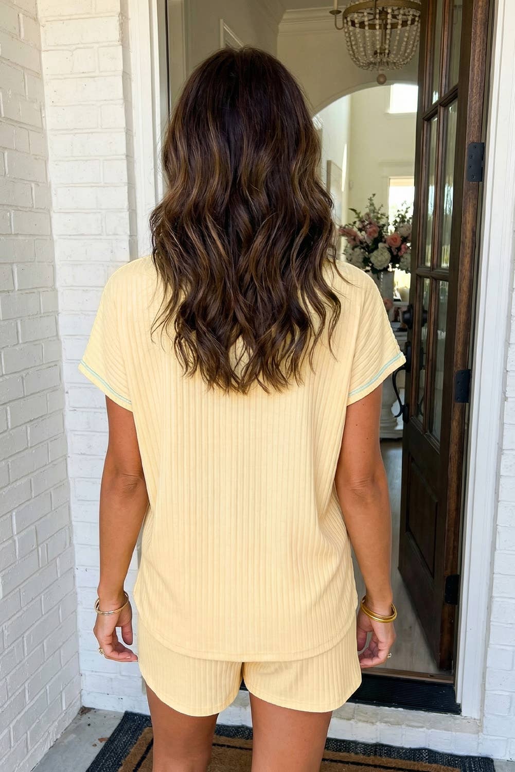 LAS Ribbed Color Block Trim Casual Shorts Set : Yellow Cream