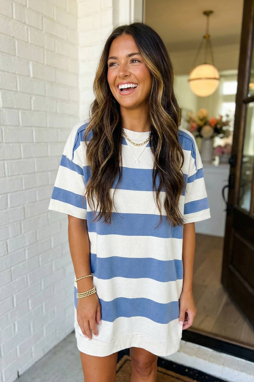 LAS Stripe Raw Seam Shoulder Detail Tee Dress: Blue Stripe